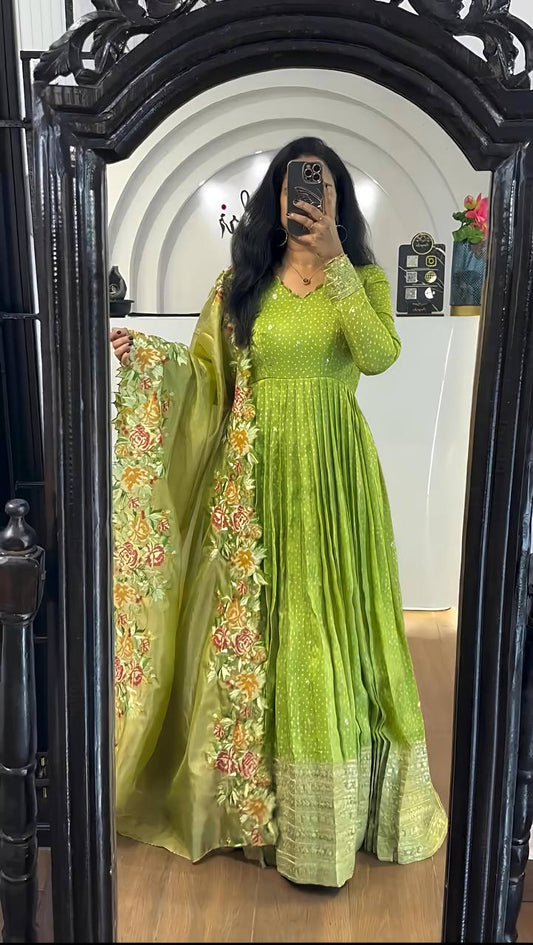 Wonderful Chinon Silk Green Color Gown
