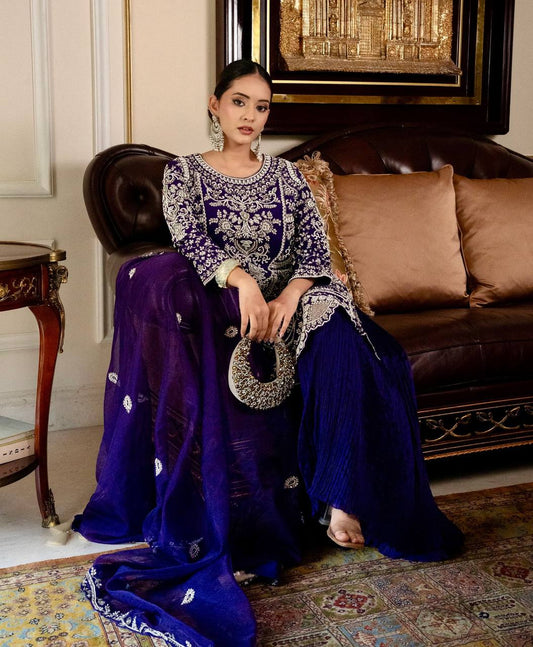 Shining Navy Blue Color Work Top With Plan Palazzo Suit