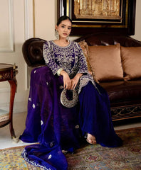 Shining Navy Blue Color Work Top With Plan Palazzo Suit