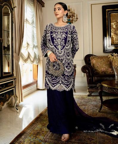 Shining Navy Blue Color Work Top With Plan Palazzo Suit