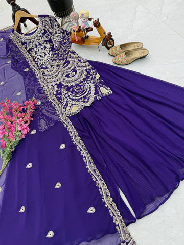 Shining Navy Blue Color Work Top With Plan Palazzo Suit