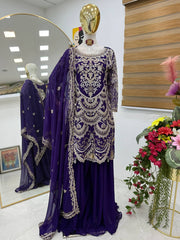 Shining Navy Blue Color Work Top With Plan Palazzo Suit