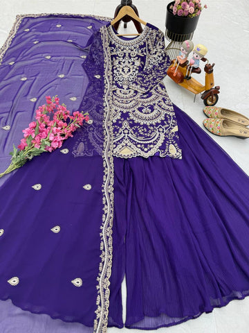 Shining Navy Blue Color Work Top With Plan Palazzo Suit