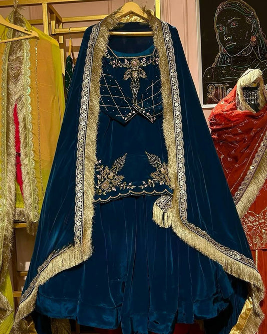 Designer Hand Work Navy Blue Color Top With Lehenga
