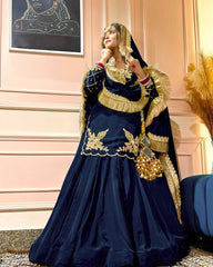 Designer Hand Work Navy Blue Color Top With Lehenga