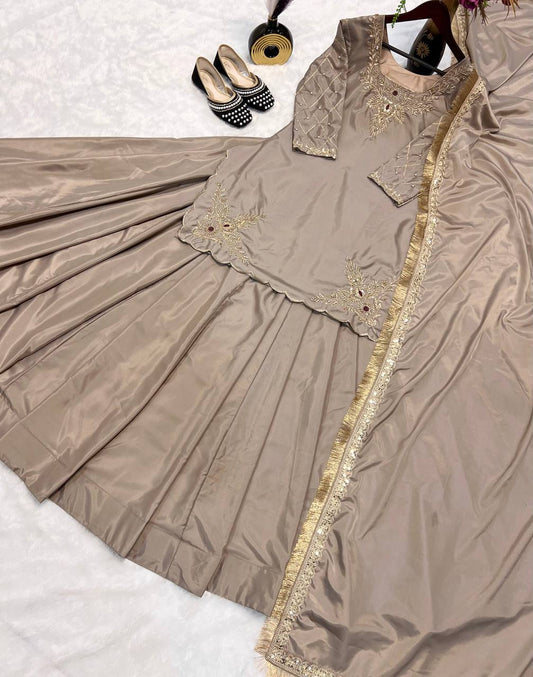 Designer Hand Work Beige Color Top With Lehenga