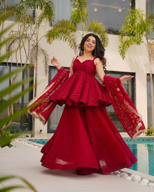 Amazing Organza Mukesh Work Red Color Palazzo Suit