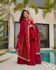 Amazing Organza Mukesh Work Red Color Palazzo Suit
