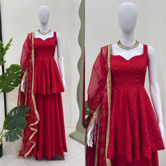 Amazing Organza Mukesh Work Red Color Palazzo Suit