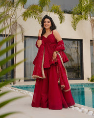 Amazing Organza Mukesh Work Red Color Palazzo Suit