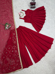 Amazing Organza Mukesh Work Red Color Palazzo Suit