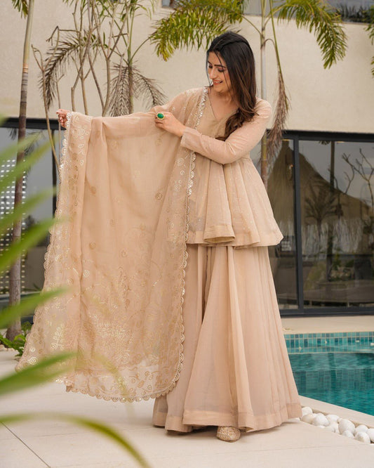 Amazing Organza Mukesh Work Beige Color Palazzo Suit