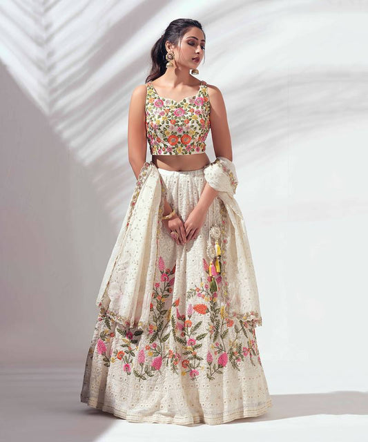 Marriage Special Flower Print Heavy Work White Color Lehenga Choli