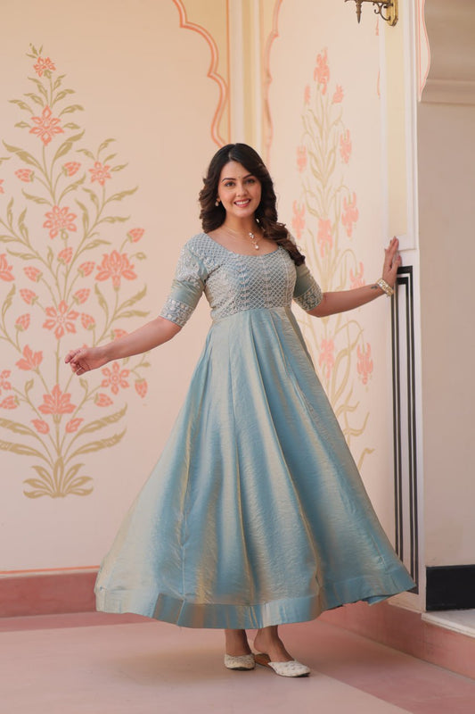 Flattering Embroidered Work Rama Color Gown