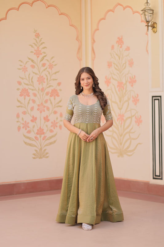 Flattering Embroidered Work Mehndi Color Gown