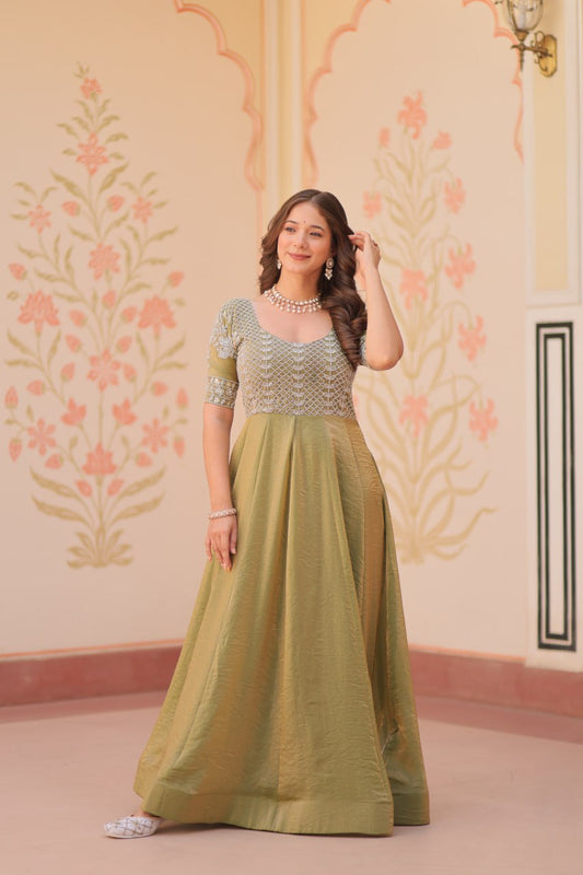 Flattering Embroidered Work Mehndi Color Gown