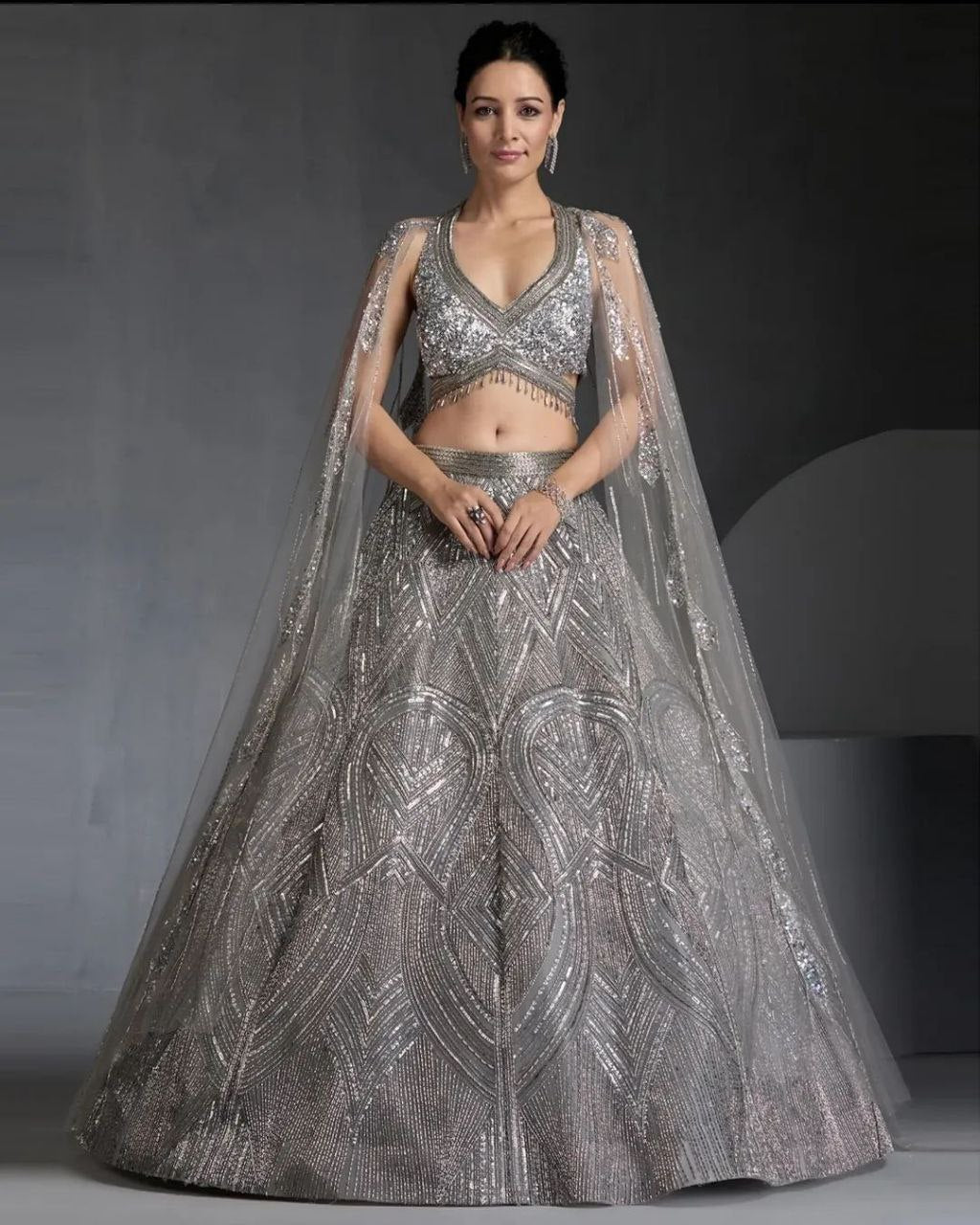 Wedding Wear Grey Color Lehenga Choli