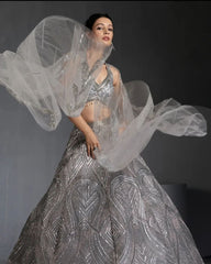 Wedding Wear Grey Color Lehenga Choli