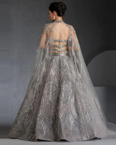 Wedding Wear Grey Color Lehenga Choli