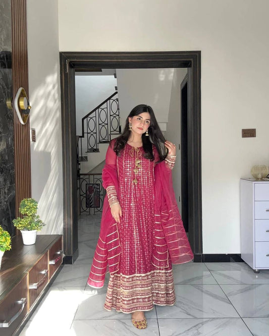 Shining Embroidery Work Pink Color Gown