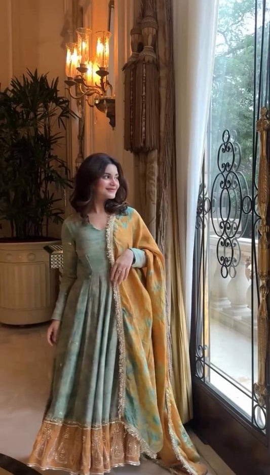 Exclusive Organza Silk Teal Green Color Gown