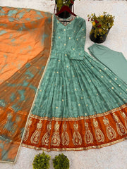 Exclusive Organza Silk Teal Green Color Gown