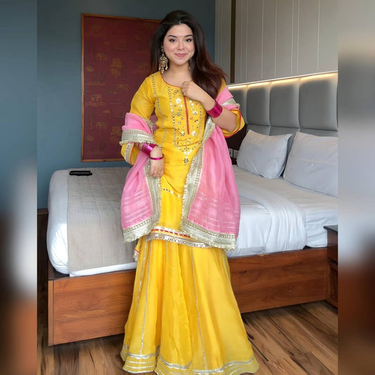 Occasion Wear Embroidered Work Yellow Color Sharara Suit