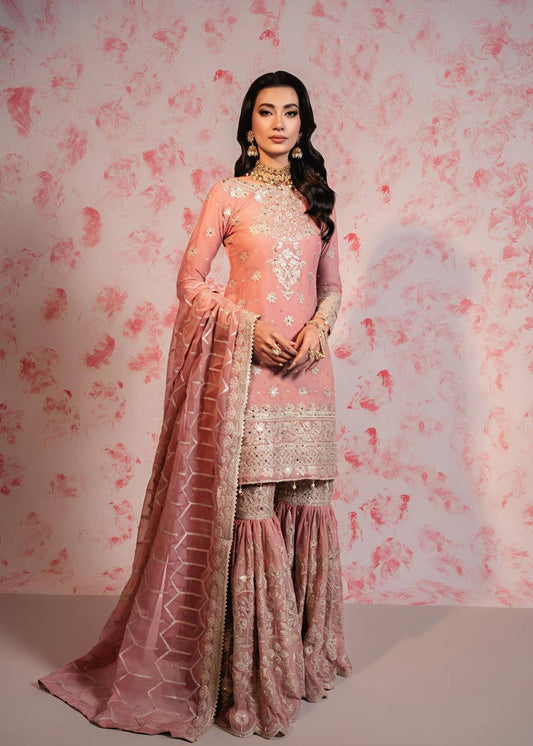 Outstanding Heavy Work Peach Color Sharara Suit