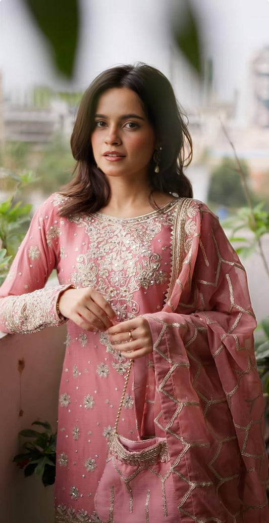 Outstanding Heavy Work Peach Color Sharara Suit