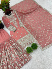 Outstanding Heavy Work Peach Color Sharara Suit