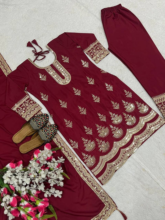Occasion Wear Heavy Embroidery Work marron Color Palazzo Suit