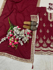 Occasion Wear Heavy Embroidery Work marron Color Palazzo Suit