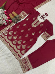 Occasion Wear Heavy Embroidery Work marron Color Palazzo Suit