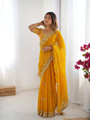 Stylish Heavy Work Yellow Color Saree