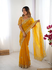 Stylish Heavy Work Yellow Color Saree