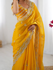 Stylish Heavy Work Yellow Color Saree