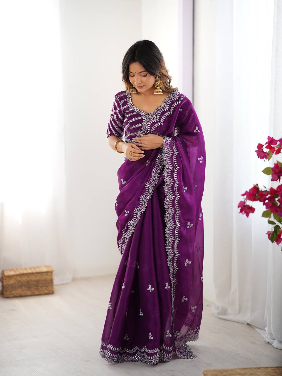 Stylish Heavy Work Purple Color Saree