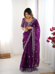 Stylish Heavy Work Purple Color Saree