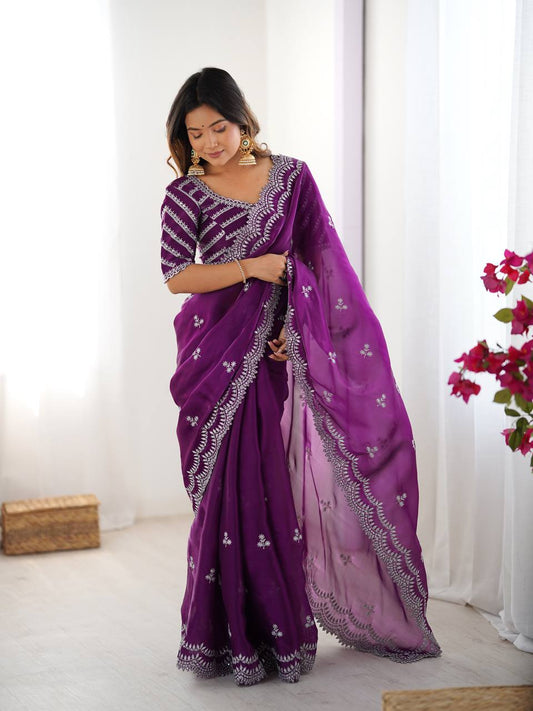 Stylish Heavy Work Purple Color Saree