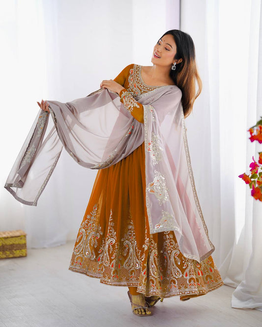 Orange Color Multi Thread Work Gown With White Dupatta