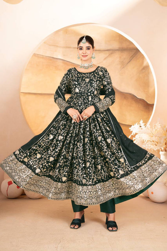 Occasion Wear Heavy Work Green Color Anarkali Gown