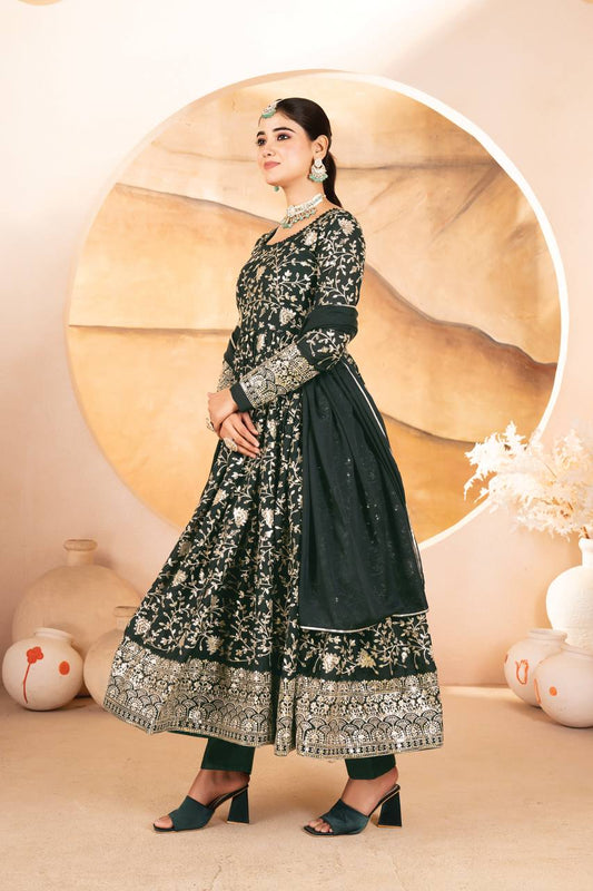 Occasion Wear Heavy Work Green Color Anarkali Gown