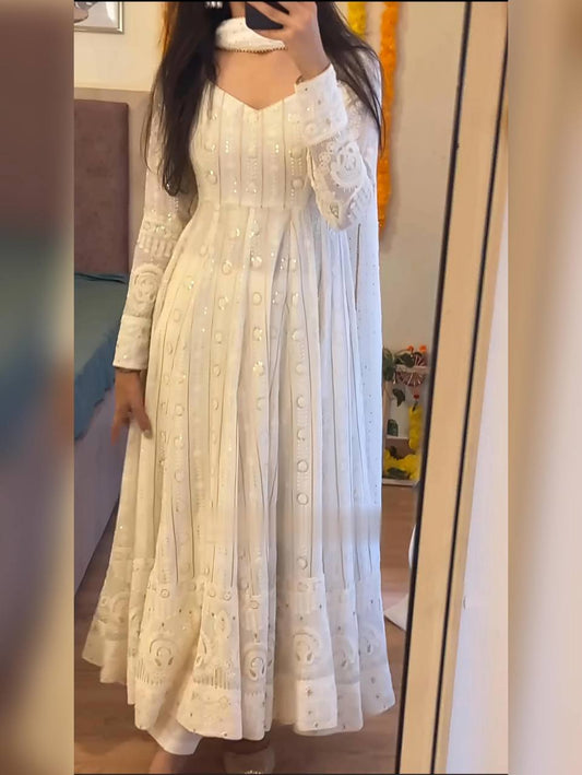 Attractive Embroidered Work White Color Anarkali Gown