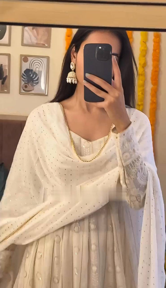 Attractive Embroidered Work White Color Anarkali Gown