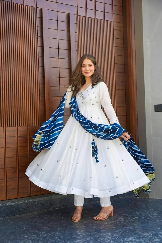 Precious Embroidered Work White Color Anarkali Suit