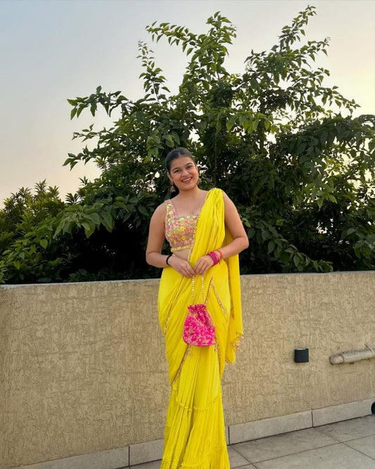 Elegant Embroidery Work Yellow Color Lehenga Saree