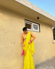 Elegant Embroidery Work Yellow Color Lehenga Saree