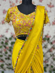 Elegant Embroidery Work Yellow Color Lehenga Saree
