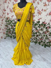 Elegant Embroidery Work Yellow Color Lehenga Saree