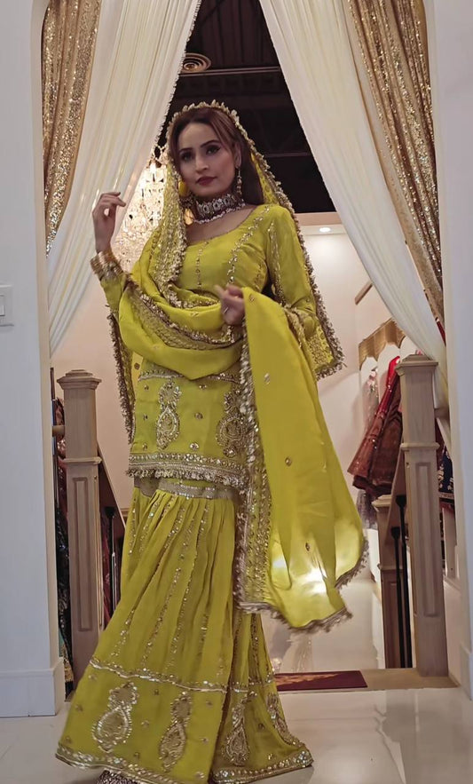 Mehndi Color Heavy Work Gorgeous Sharara Suit